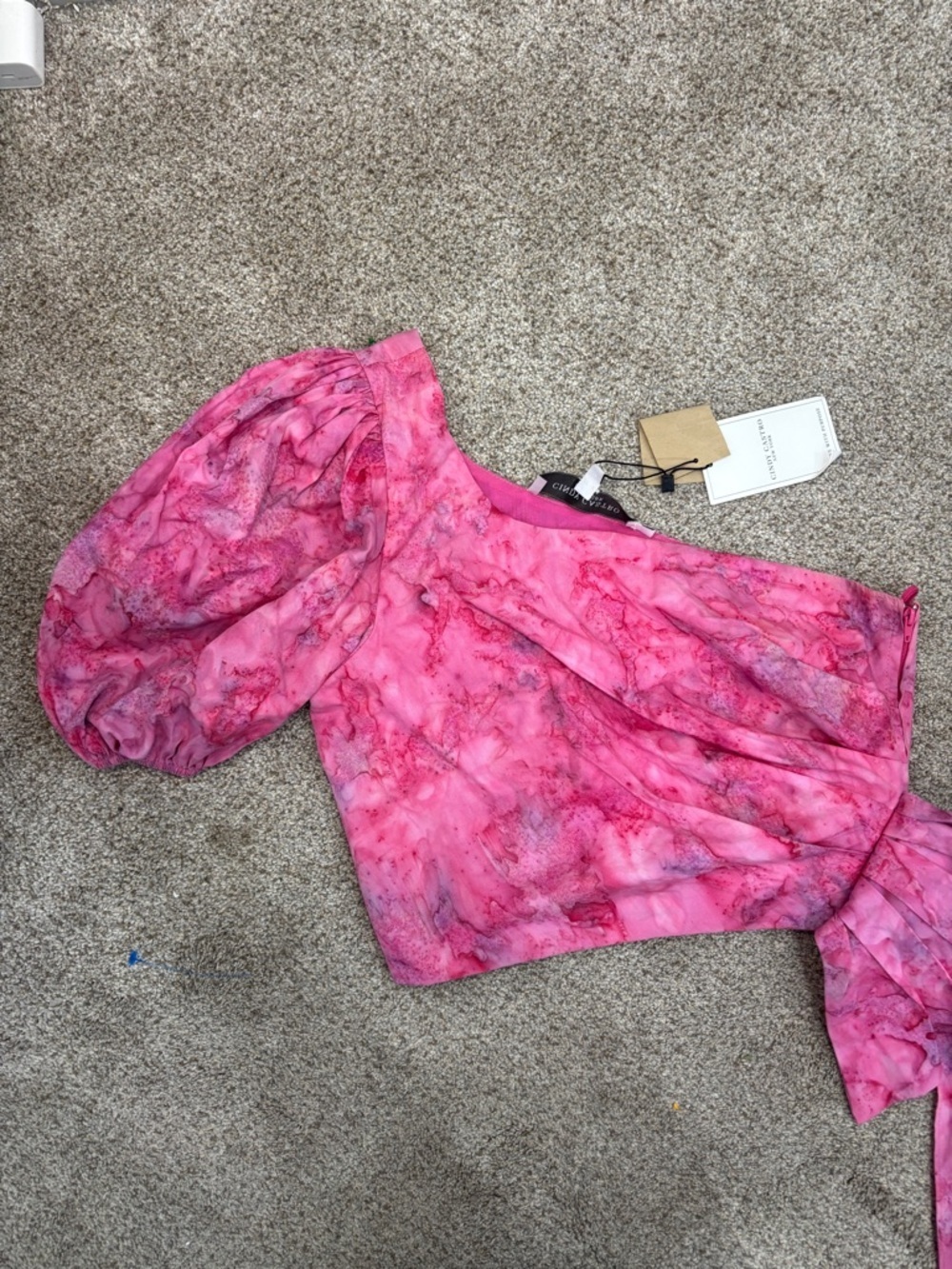 NWT Cindy Castro Simone One Shoulder Puff Sleeve Sash Top pink tie-dye 4
. - Picture 12 of 12